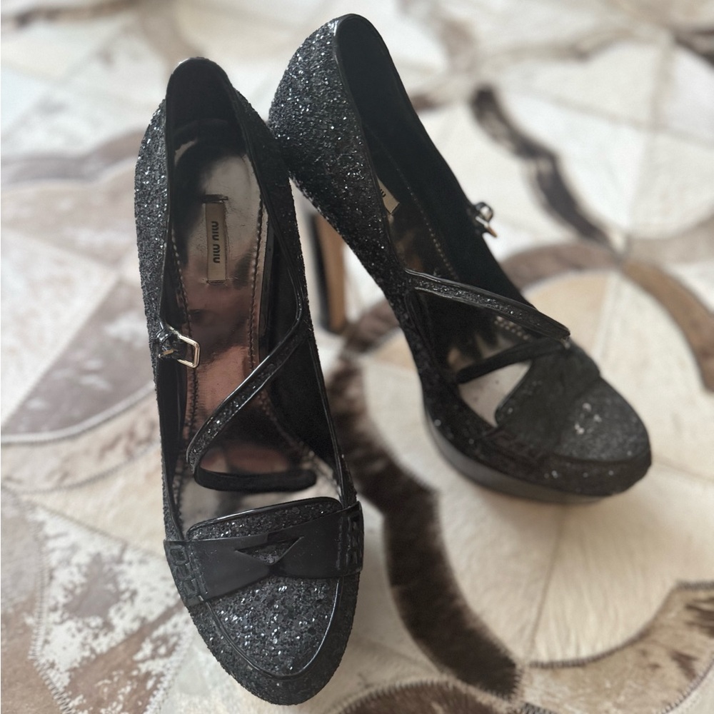 Miu Miu Black Sparkly Heels with Criss-Cross Straps